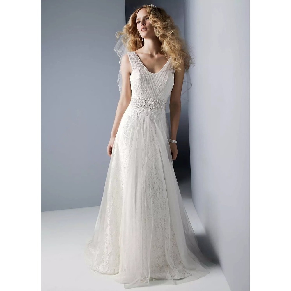 Oleg Cassini Ivory Lace Tulle Beaded A-Line Wedding Dress Gown CWG530 Size 10